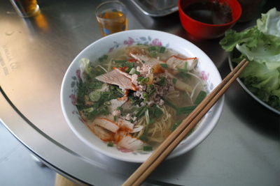 High angle view of soup in bowl on table