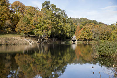 Scenic view of lake by trees against sky