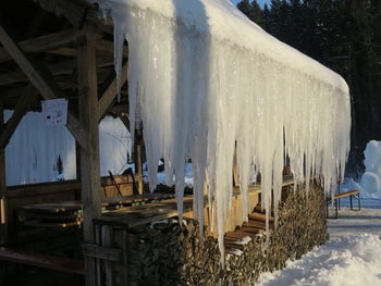 Panoramic shot of icicles on snow covered land against sky