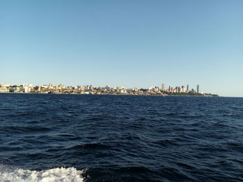 View of sea against clear blue sky