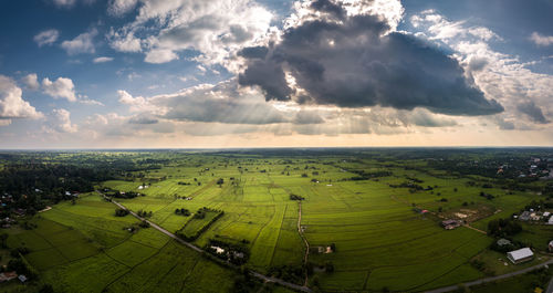 High angle view of agricultural field against sky
