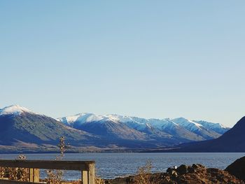 Scenic view of snowcapped mountains against clear sky