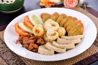 High angle view of food in plate on table