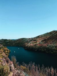 Scenic view of lake against clear blue sky