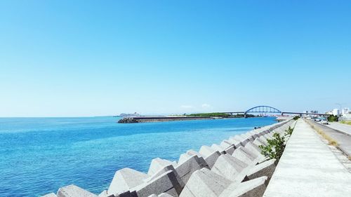 Scenic view of sea against clear blue sky