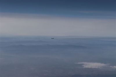 Bird flying over sea against sky