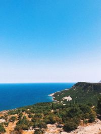 Scenic view of sea against clear blue sky