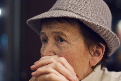 Closeup portrait of sad caucasian old woman. beautiful pensive upset mature old senior female 