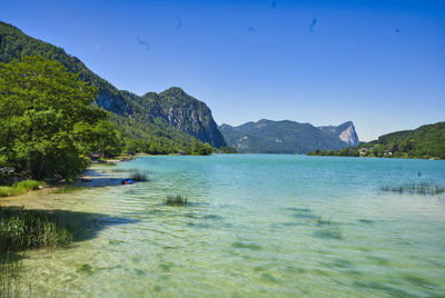 Scenic view of lake and mountains against clear blue sky