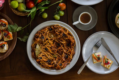 High angle view of vegetables in plate on table