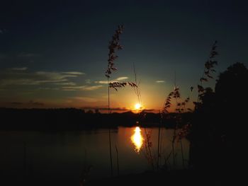 Silhouette plants by lake against romantic sky at sunset