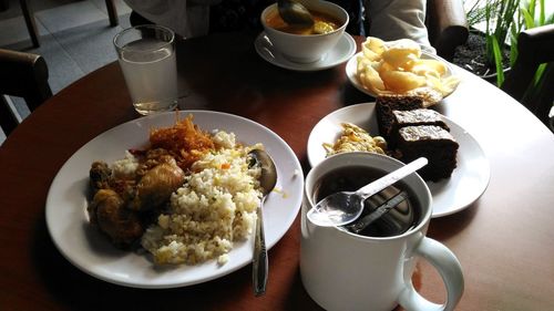 High angle view of breakfast served on table