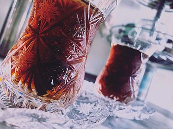 Close-up of drink in glass jar on table