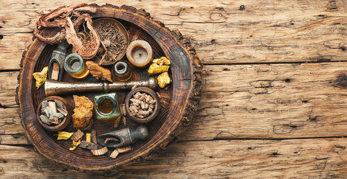 High angle view of old wooden table