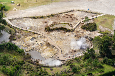 View of geothermal hotsprings, mud pools and fumaroles for vozidlo cooking, in furnas, azores