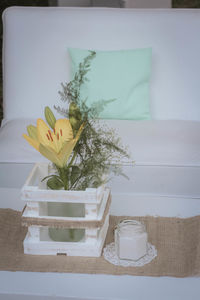 Close-up of flower vase on table at home