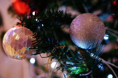 Close-up of christmas bauble hanging on tree