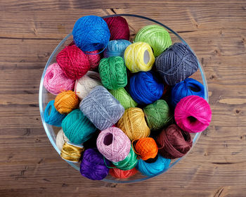 High angle view of multi colored wool balls