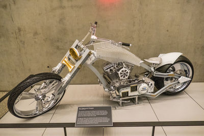 High angle view of bicycles on tiled floor