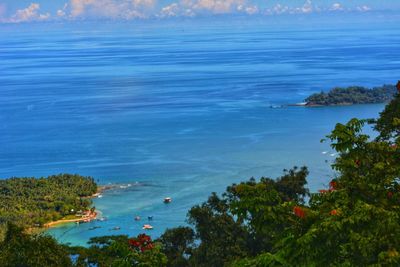 High angle view of bay against sky