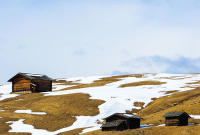 Snow covered landscape against sky