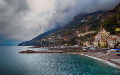 Panoramic view of sea and mountains against sky