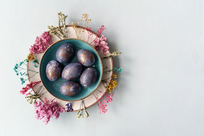 High angle view of eggs in bowl on table