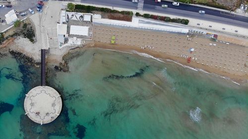 High angle view of swimming pool in city