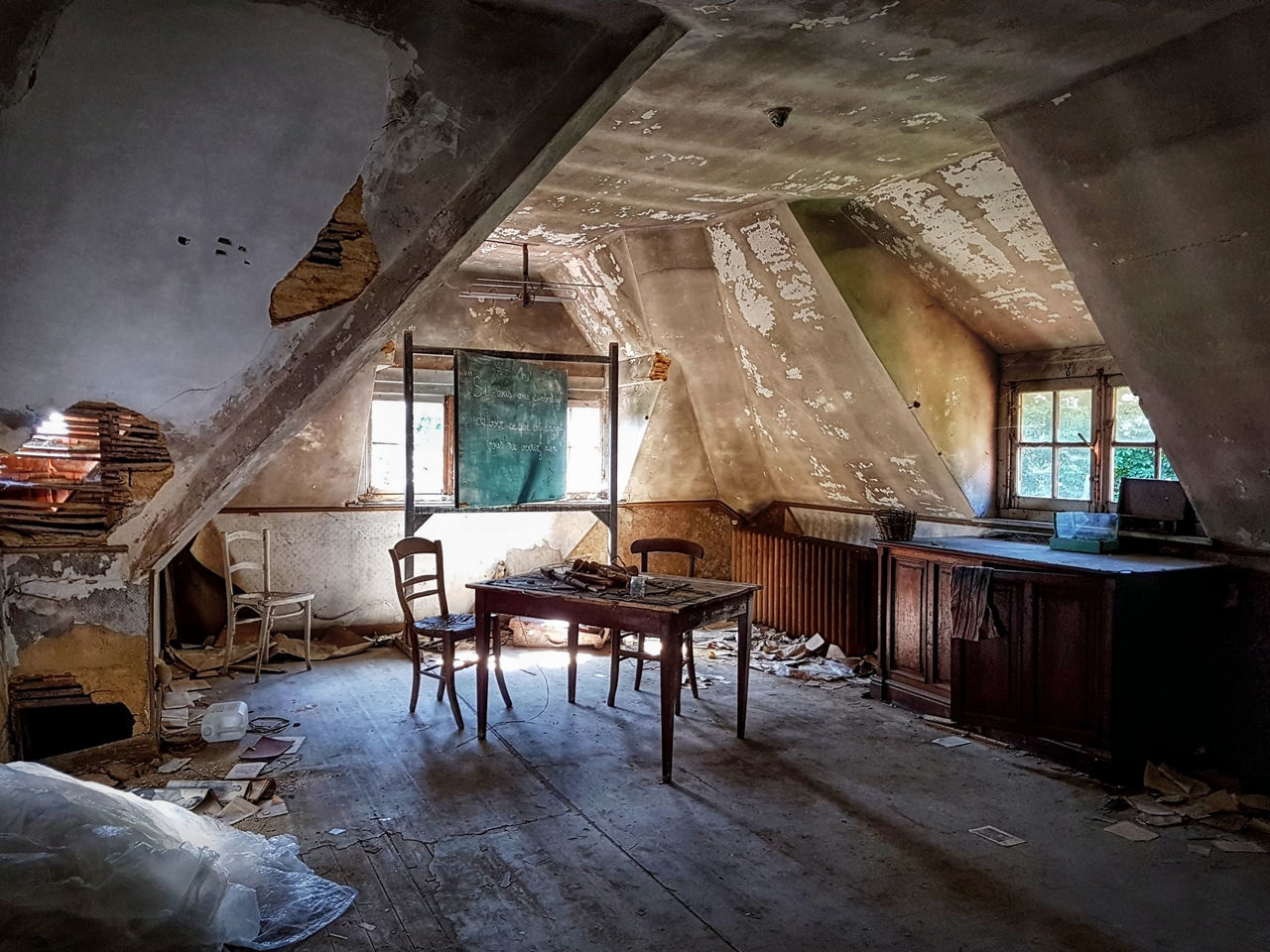 indoors, abandoned, window, architecture, run-down, seat, obsolete, damaged, deterioration, decline, bad condition, table, furniture, building, old, day, domestic room, empty, no people, chair, flooring, ceiling, messy, ruined