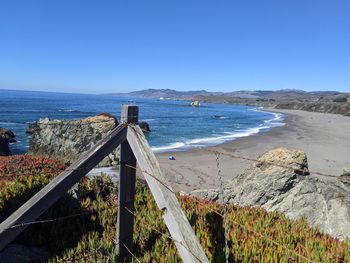 Scenic view of sea against clear blue sky
