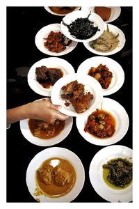 High angle view of food served on table