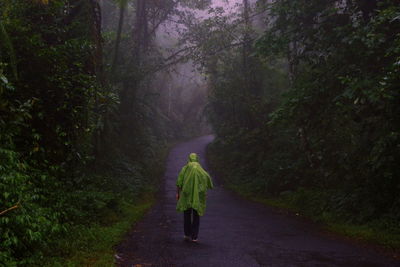 Rear view of woman walking on road amidst trees in forest