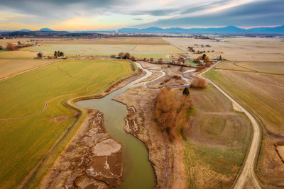 Aerial view of the estuary in this skagit wildlife area located in the skagit valley, washington.