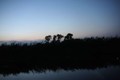 Silhouette trees by lake against clear sky during sunset