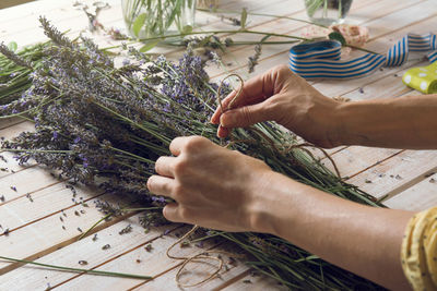 High angle view of man working on table