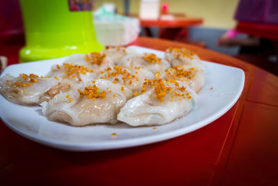 High angle view of food in plate on table