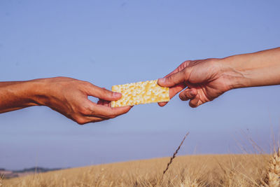 Cropped image of man holding cracker against sky