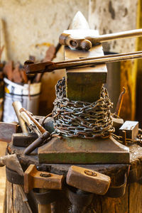 Close-up of old rope on table