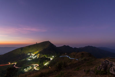 Scenic view of mountains against sky at sunset