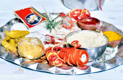 High angle view of food in plate on table