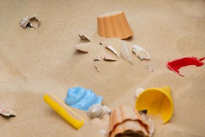 High angle view of hands on sand