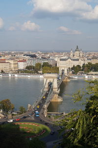 High angle view of szechenyi chain bridge over river in city