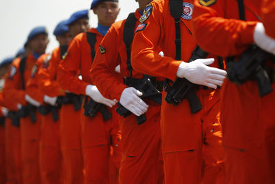 The indonesian army air force defiles in a rehearsal to celebrate the birthday of the air force.