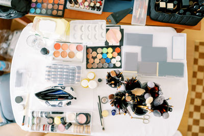 High angle view of christmas decorations on table