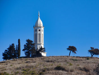 Low angle view of building against clear blue sky