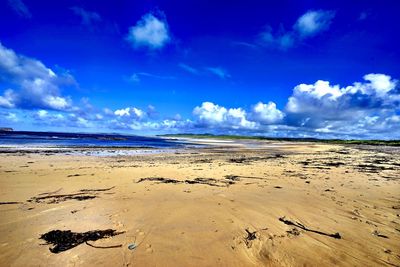 Scenic view of beach against blue sky