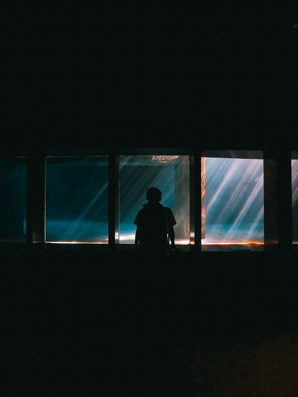 REAR VIEW OF SILHOUETTE MAN LOOKING THROUGH WINDOW AT DARK ROOM