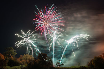 Low angle view of firework display at night