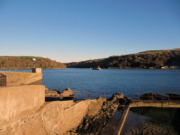 Scenic view of sea against clear blue sky