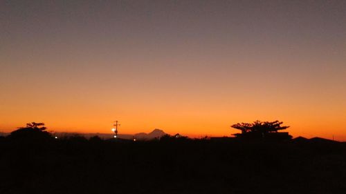 Silhouette trees against orange sky